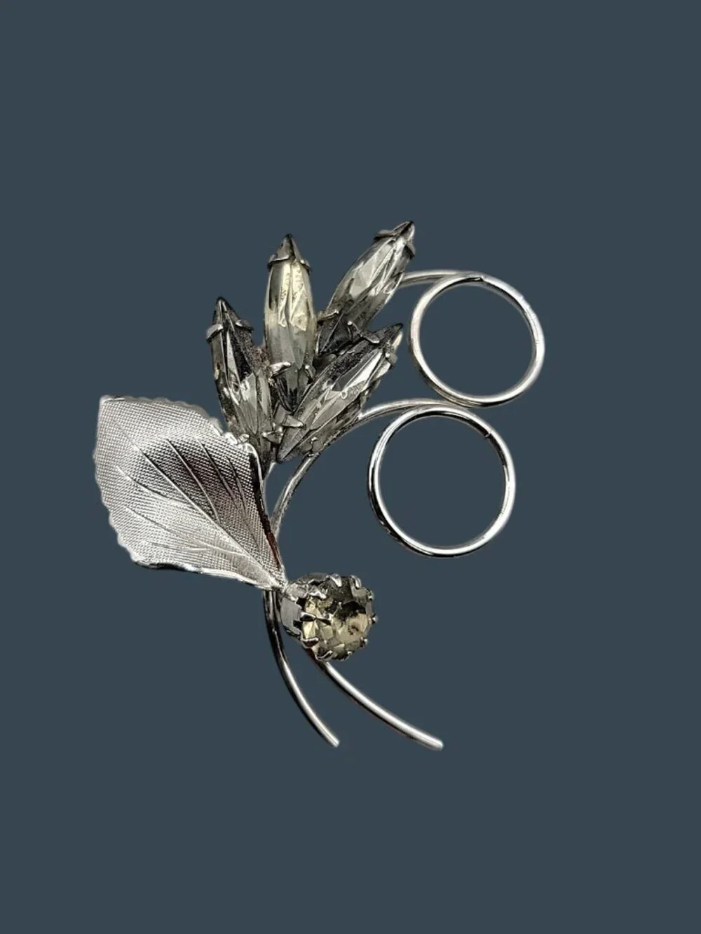 Vintage Smokey Rhinestone Floral Spray Brooch Polished Silver Tone Curls & Leaf